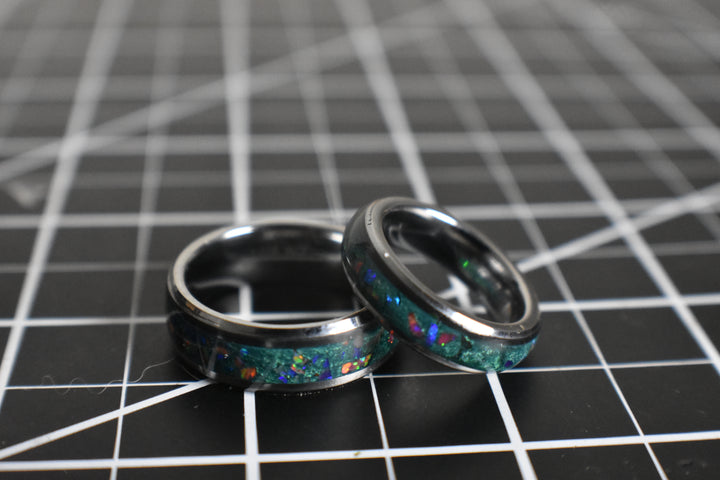 The Verona Ring; Tungsten ring with orange, red and green opals