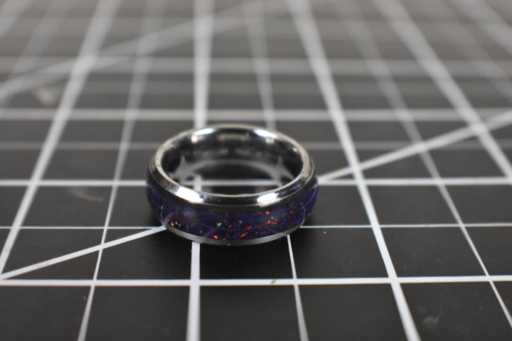 Purple ring with green and red opals