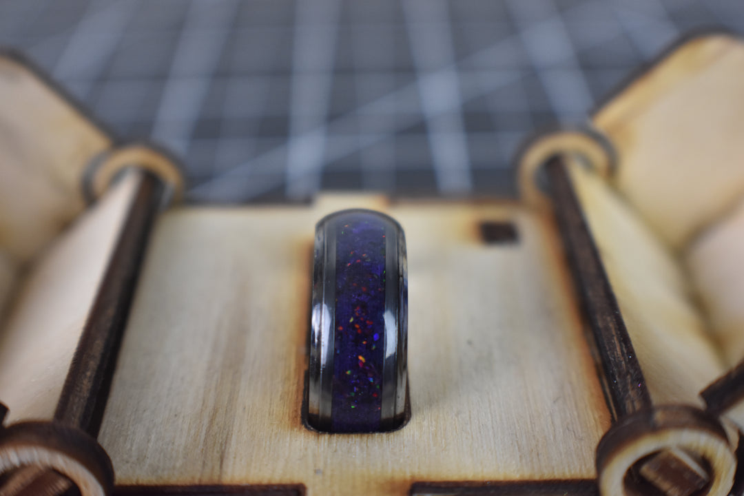 Purple ring with green and red opals