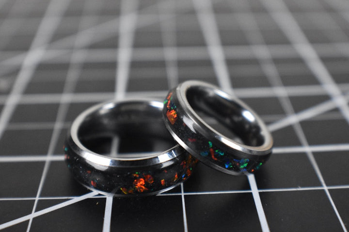 The Supernova Ring: Red and Green Opals with Black Mica Powder
