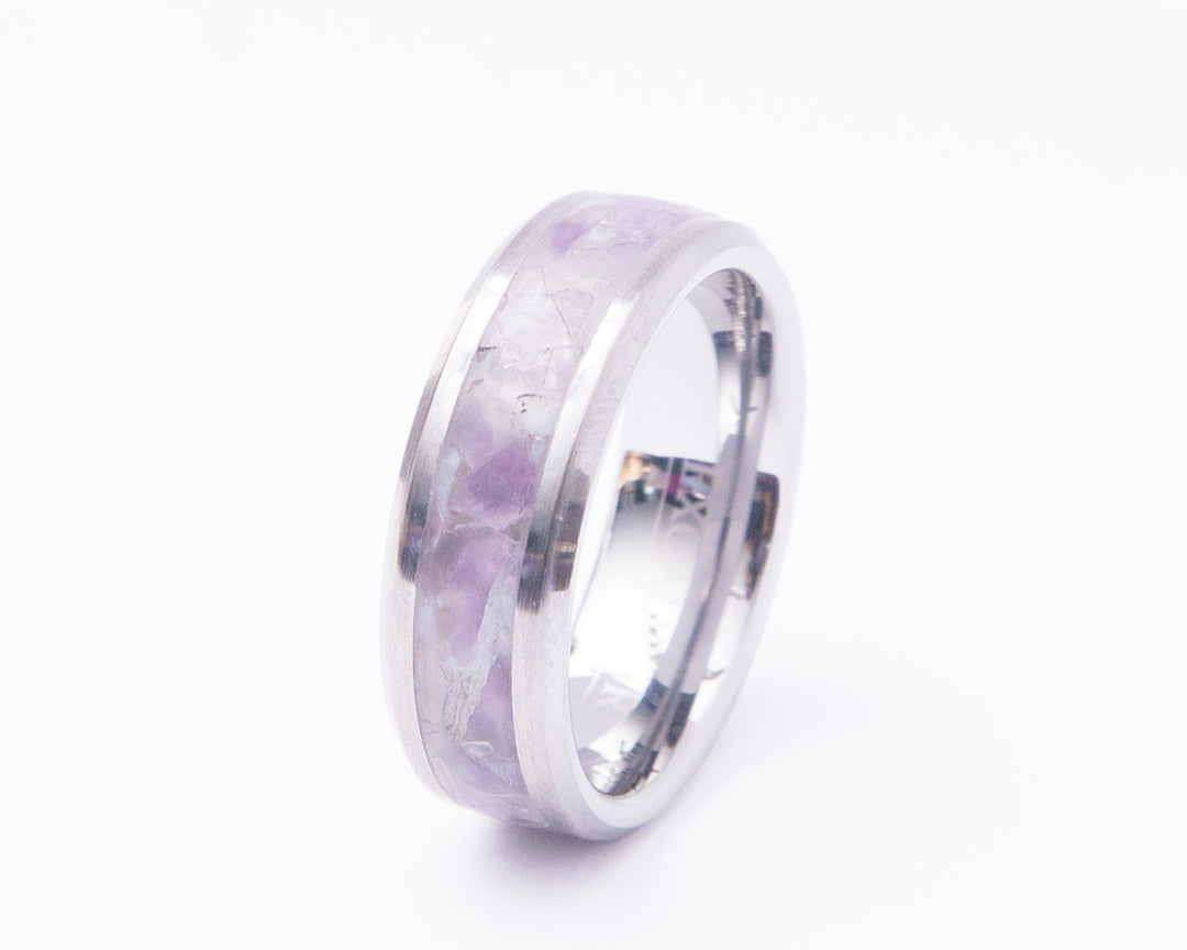 Radiant Elegance: Tungsten Ring with Amethyst Crystal Inlay